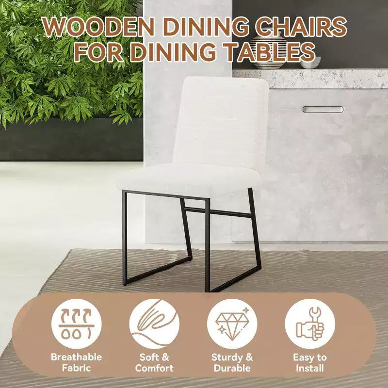 Dyonery Dining Chairs with Backrest, Linen Upholstered Metal Frame Chairs for Kitchen & Dining Room, Cream White