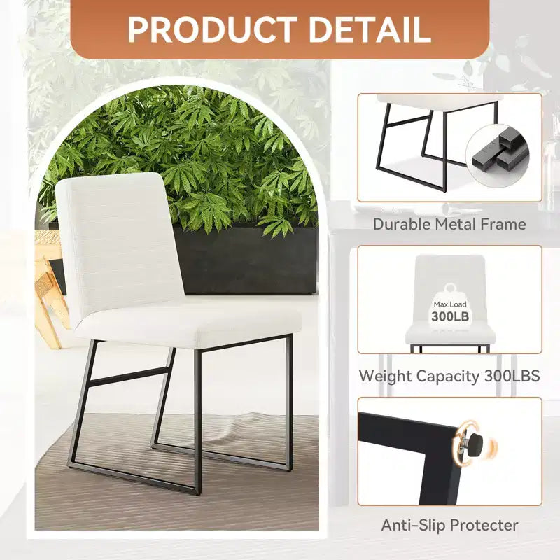 Dyonery Dining Chairs with Backrest, Linen Upholstered Metal Frame Chairs for Kitchen & Dining Room, Cream White