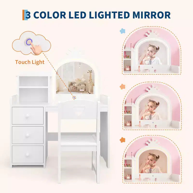 Kids Vanity Table, Princess Makeup Desk & Chair Set with touch Light Detachable Tri-Folding Mirror, Pretend Play Vanity Set, Best Gift for Your Girl