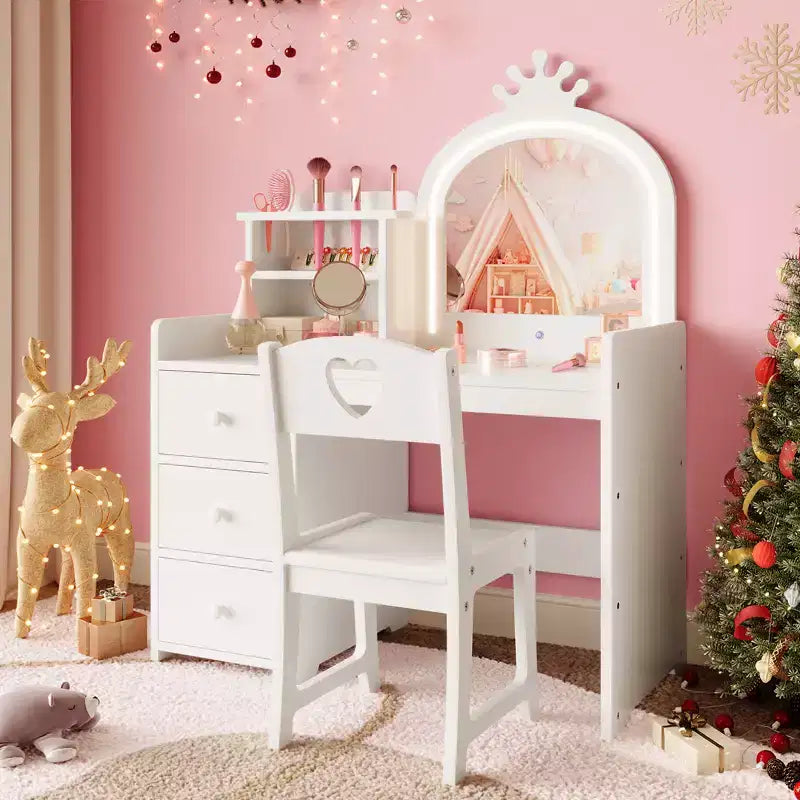 Kids Vanity Table, Princess Makeup Desk & Chair Set with touch Light Detachable Tri-Folding Mirror, Pretend Play Vanity Set, Best Gift for Your Girl