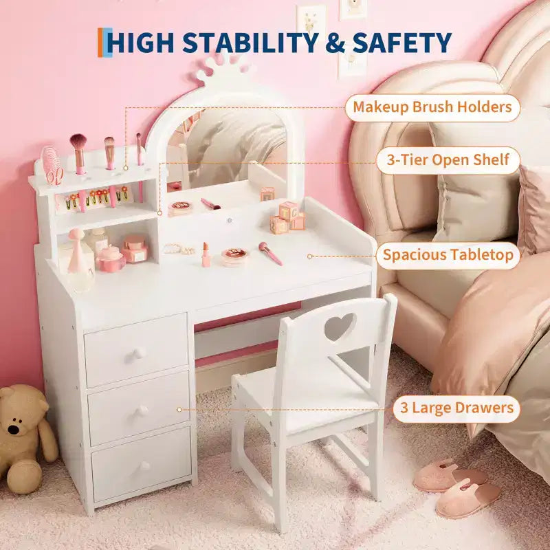 Kids Vanity Table, Princess Makeup Desk & Chair Set with touch Light Detachable Tri-Folding Mirror, Pretend Play Vanity Set, Best Gift for Your Girl