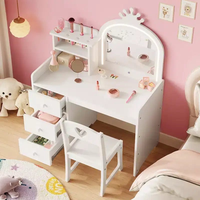 Kids Vanity Table, Princess Makeup Desk & Chair Set with touch Light Detachable Tri-Folding Mirror, Pretend Play Vanity Set, Best Gift for Your Girl