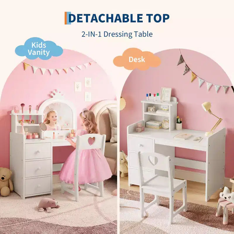 Kids Vanity Table, Princess Makeup Desk & Chair Set with touch Light Detachable Tri-Folding Mirror, Pretend Play Vanity Set, Best Gift for Your Girl
