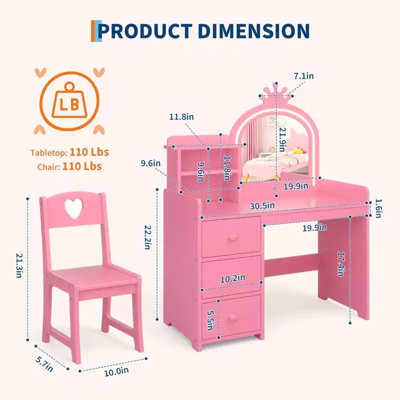 Kids Vanity Table, Princess Makeup Desk & Chair Set with touch Light Detachable Tri-Folding Mirror, Pretend Play Vanity Set, Best Gift for Your Girl