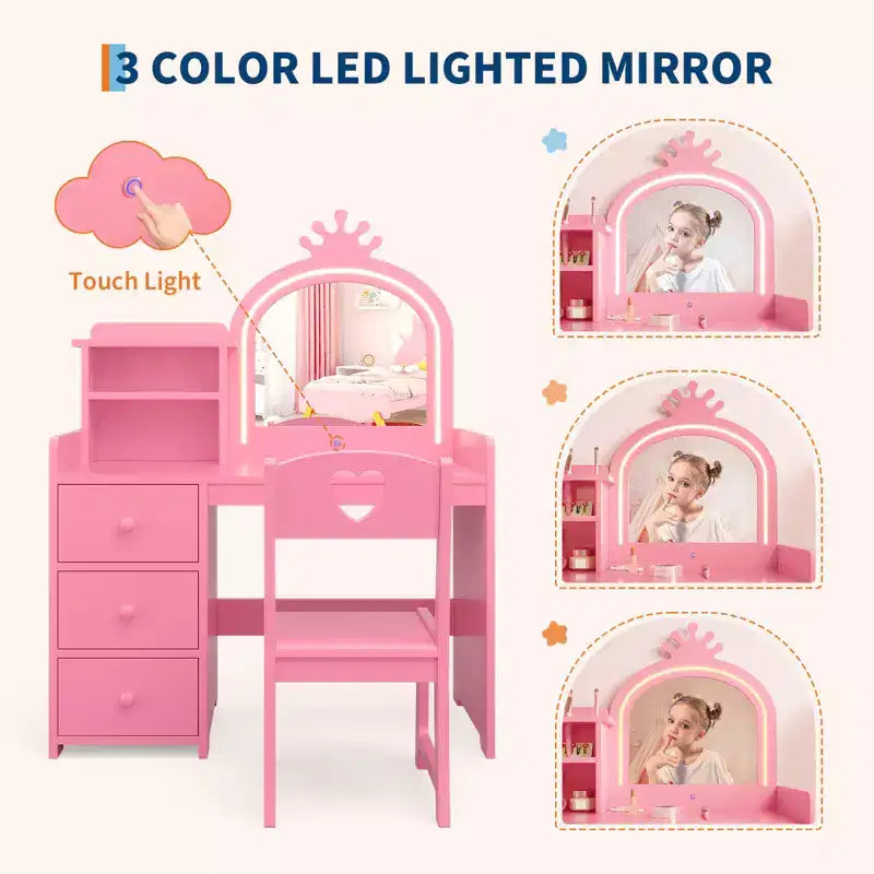 Kids Vanity Table, Princess Makeup Desk & Chair Set with touch Light Detachable Tri-Folding Mirror, Pretend Play Vanity Set, Best Gift for Your Girl