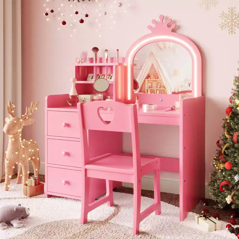Kids Vanity Table, Princess Makeup Desk & Chair Set with touch Light Detachable Tri-Folding Mirror, Pretend Play Vanity Set, Best Gift for Your Girl