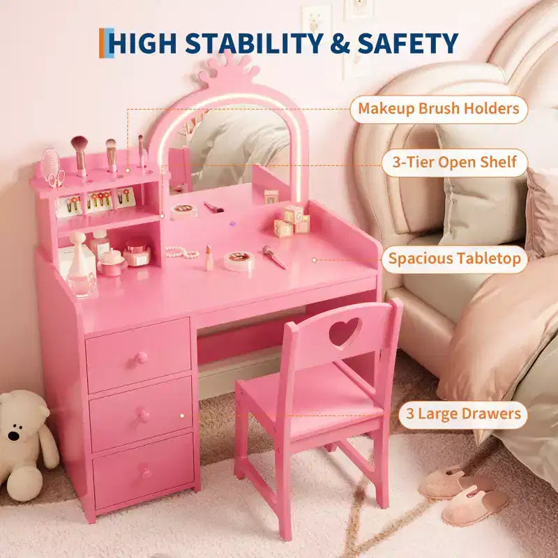 Kids Vanity Table, Princess Makeup Desk & Chair Set with touch Light Detachable Tri-Folding Mirror, Pretend Play Vanity Set, Best Gift for Your Girl