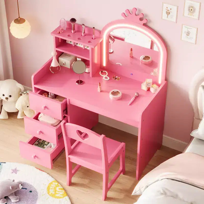 Kids Vanity Table, Princess Makeup Desk & Chair Set with touch Light Detachable Tri-Folding Mirror, Pretend Play Vanity Set, Best Gift for Your Girl