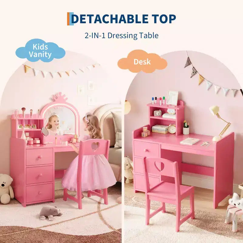 Kids Vanity Table, Princess Makeup Desk & Chair Set with touch Light Detachable Tri-Folding Mirror, Pretend Play Vanity Set, Best Gift for Your Girl
