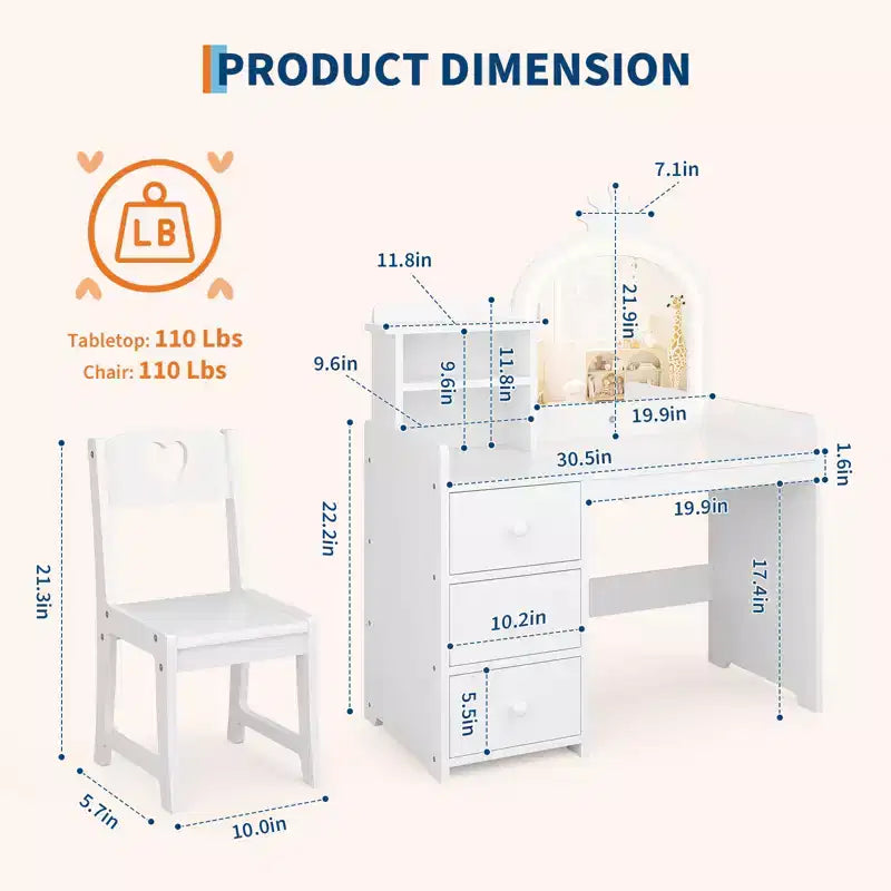 Kids Vanity Table, Princess Makeup Desk & Chair Set with touch Light Detachable Tri-Folding Mirror, Pretend Play Vanity Set, Best Gift for Your Girl