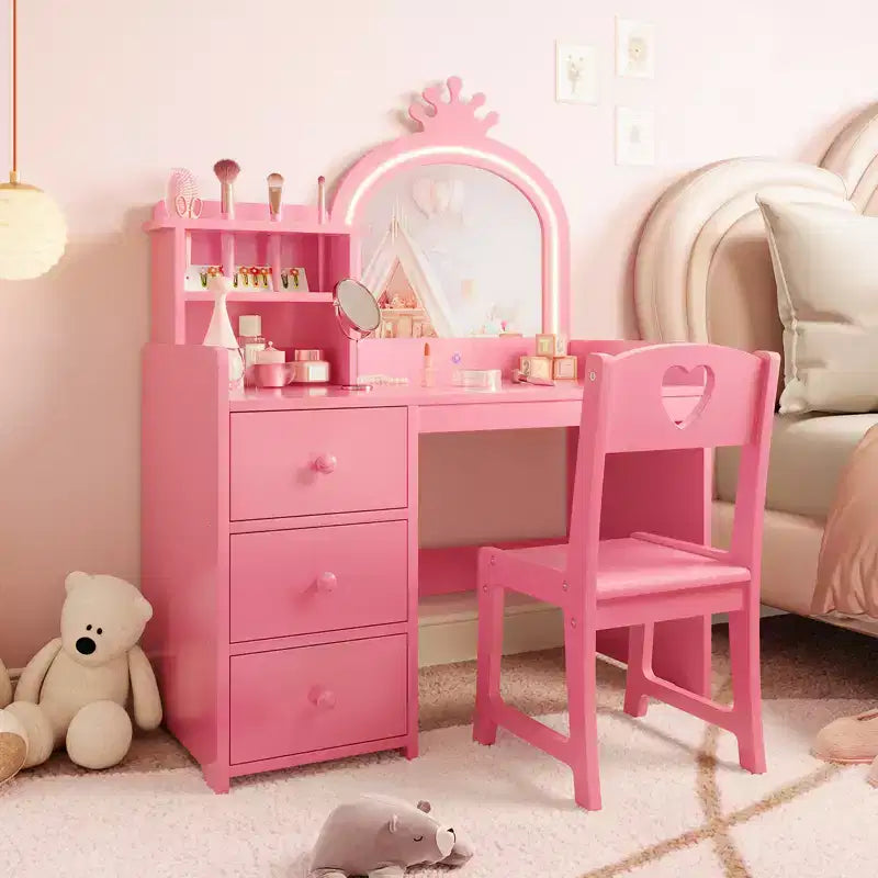 Kids Vanity Table, Princess Makeup Desk & Chair Set with touch Light Detachable Tri-Folding Mirror, Pretend Play Vanity Set, Best Gift for Your Girl