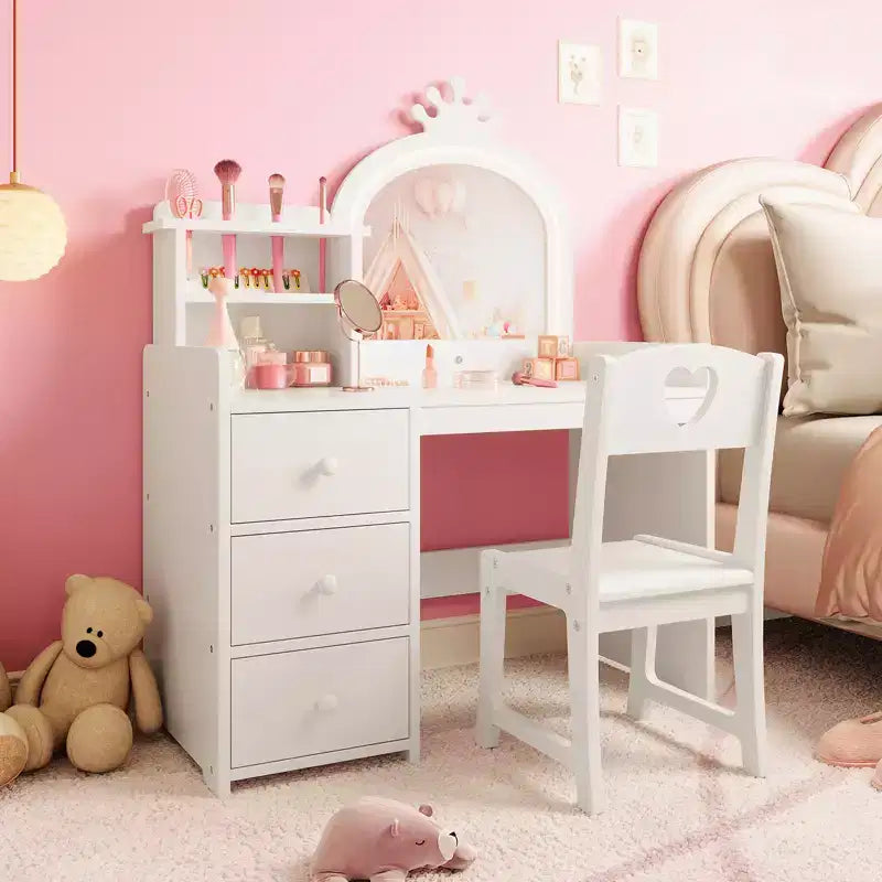 Kids Vanity Table, Princess Makeup Desk & Chair Set with touch Light Detachable Tri-Folding Mirror, Pretend Play Vanity Set, Best Gift for Your Girl