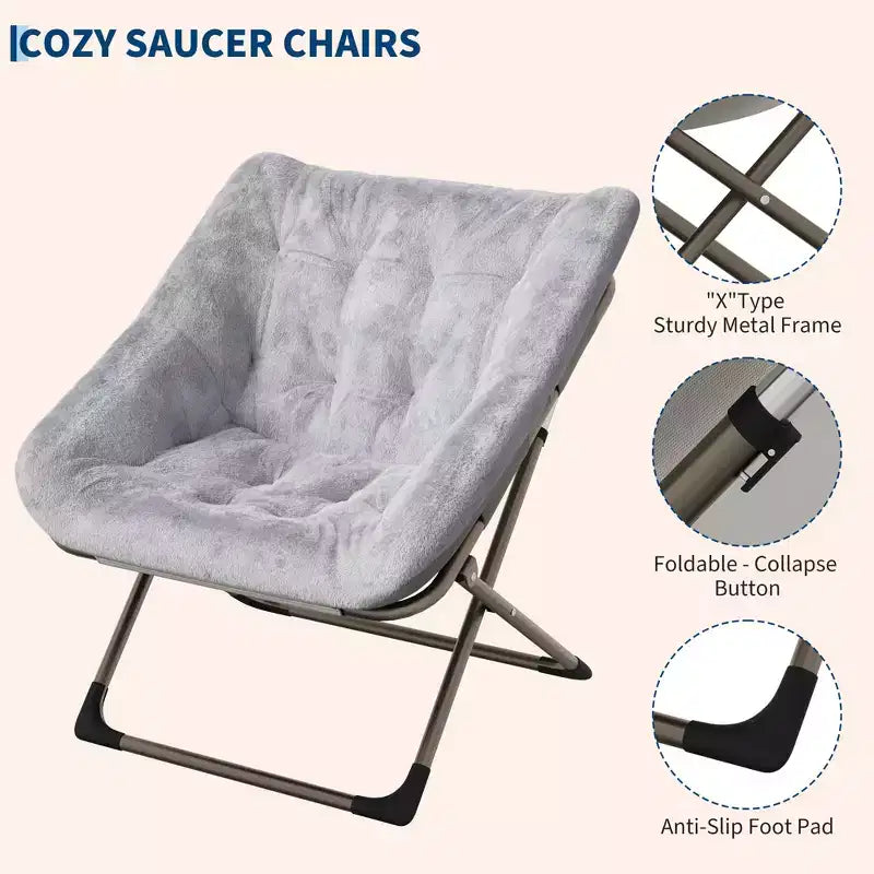 Comfy Oversized Saucer Chair, Soft Faux Fur Reading Lounge Chair for Adults, Foldable Cozy Chairs for Bedroom, Living Room, Dorm, Office