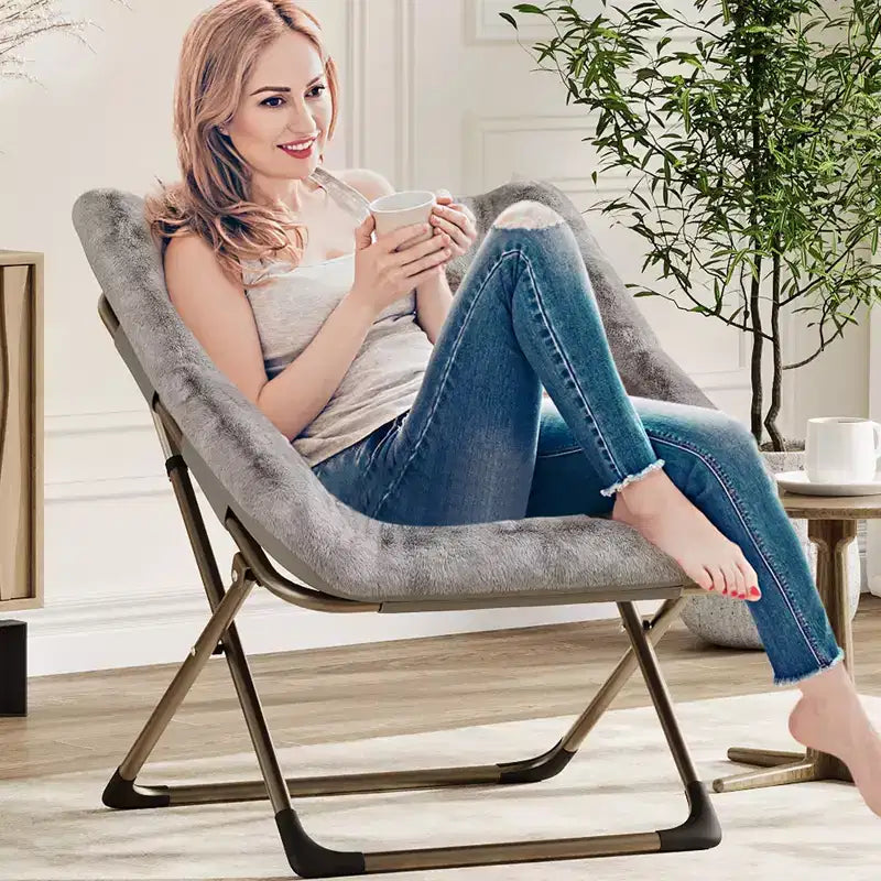 Comfy Oversized Saucer Chair, Soft Faux Fur Reading Lounge Chair for Adults, Foldable Cozy Chairs for Bedroom, Living Room, Dorm, Office