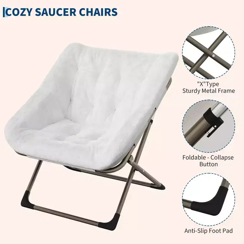Comfy Oversized Saucer Chair, Soft Faux Fur Reading Lounge Chair for Adults, Foldable Cozy Chairs for Bedroom, Living Room, Dorm, Office