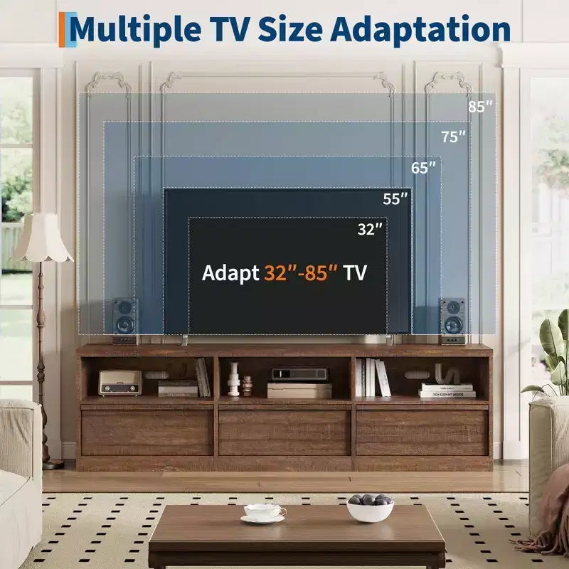 70 inch Wood TV Stand for 80 TVs, Mid Century Modern Entertainment Center with Storage Drawer & Open Shelves, for Living Room/Bedroom