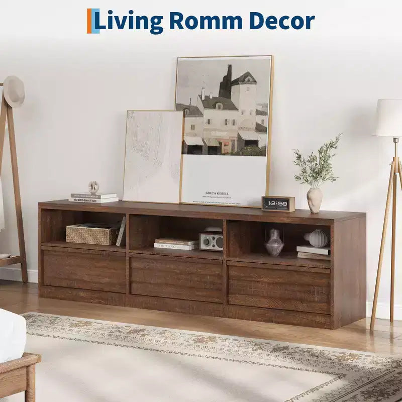 70 inch Wood TV Stand for 80 TVs, Mid Century Modern Entertainment Center with Storage Drawer & Open Shelves, for Living Room/Bedroom