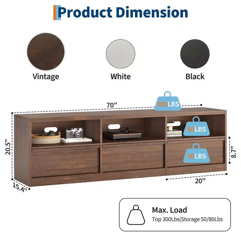 70 inch Wood TV Stand for 80 TVs, Mid Century Modern Entertainment Center with Storage Drawer & Open Shelves, for Living Room/Bedroom