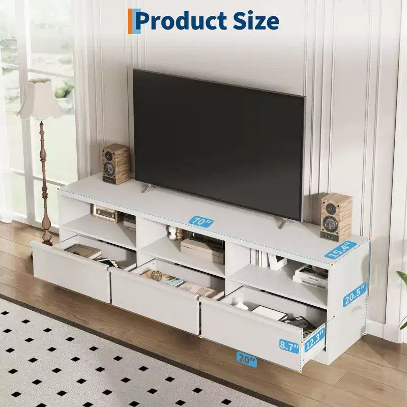 70 inch Wood TV Stand for 80 TVs, Mid Century Modern Entertainment Center with Storage Drawer & Open Shelves, for Living Room/Bedroom