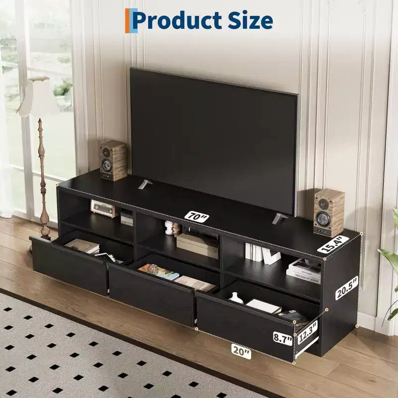 70 inch Wood TV Stand for 80 TVs, Mid Century Modern Entertainment Center with Storage Drawer & Open Shelves, for Living Room/Bedroom