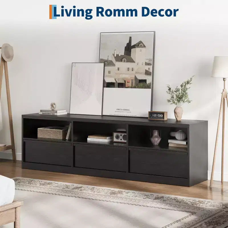 70 inch Wood TV Stand for 80 TVs, Mid Century Modern Entertainment Center with Storage Drawer & Open Shelves, for Living Room/Bedroom