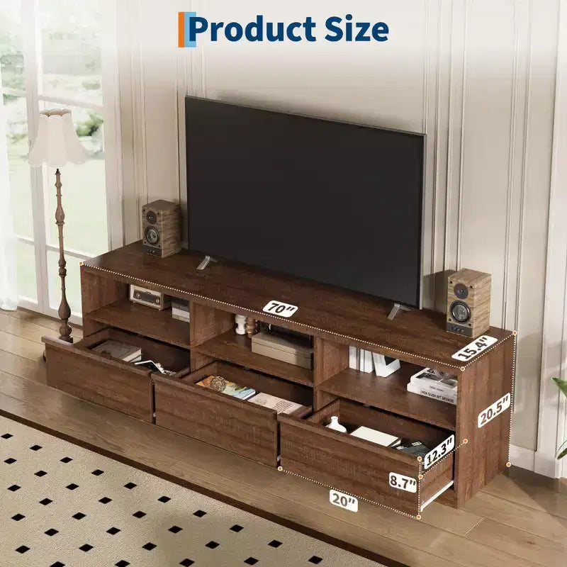 70 inch Wood TV Stand for 80 TVs, Mid Century Modern Entertainment Center with Storage Drawer & Open Shelves, for Living Room/Bedroom