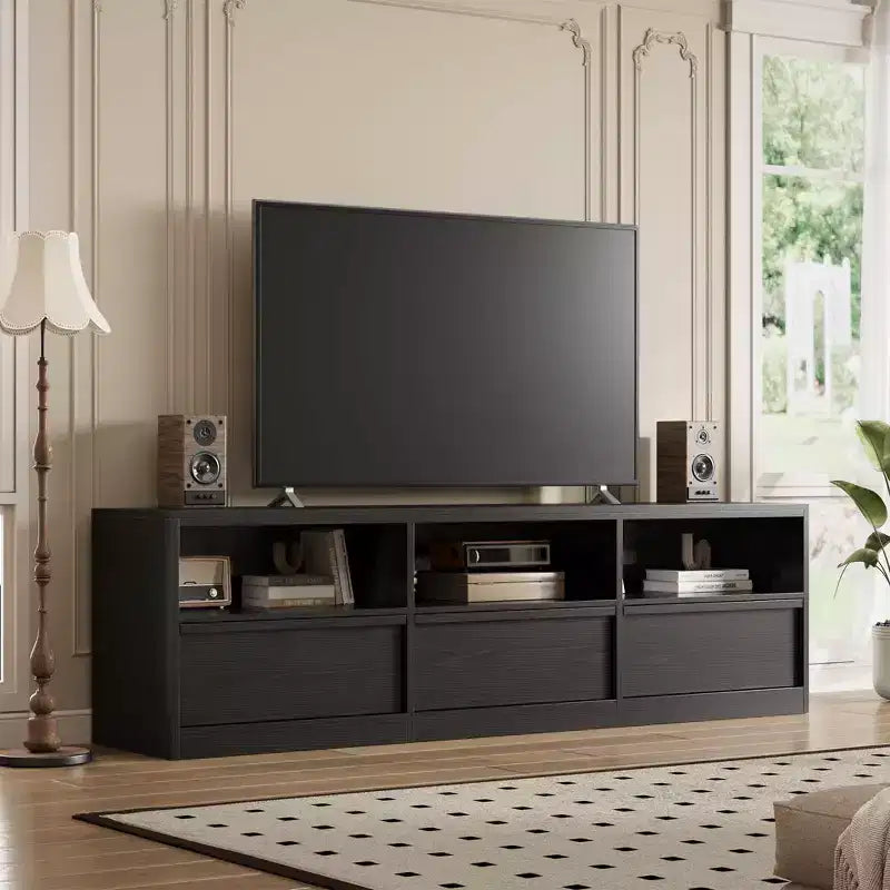 70 inch Wood TV Stand for 80 TVs, Mid Century Modern Entertainment Center with Storage Drawer & Open Shelves, for Living Room/Bedroom