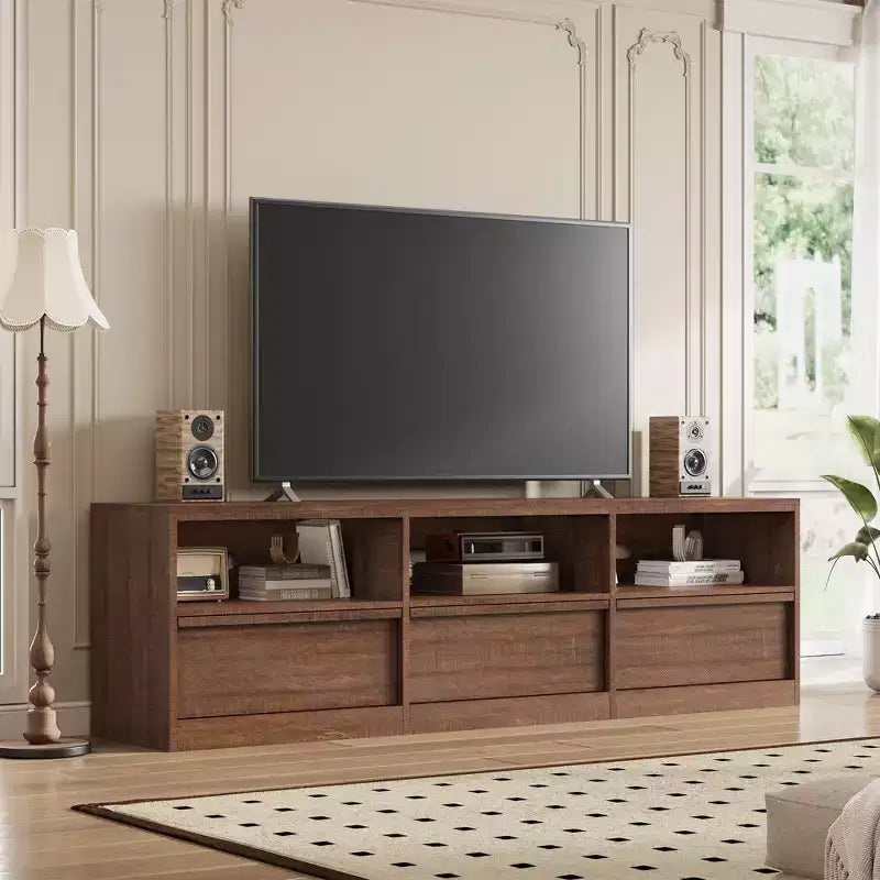 70 inch Wood TV Stand for 80 TVs, Mid Century Modern Entertainment Center with Storage Drawer & Open Shelves, for Living Room/Bedroom