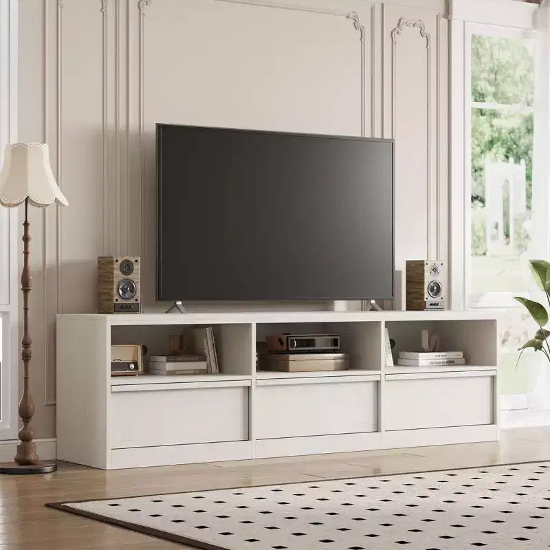 70 inch Wood TV Stand for 80 TVs, Mid Century Modern Entertainment Center with Storage Drawer & Open Shelves, for Living Room/Bedroom
