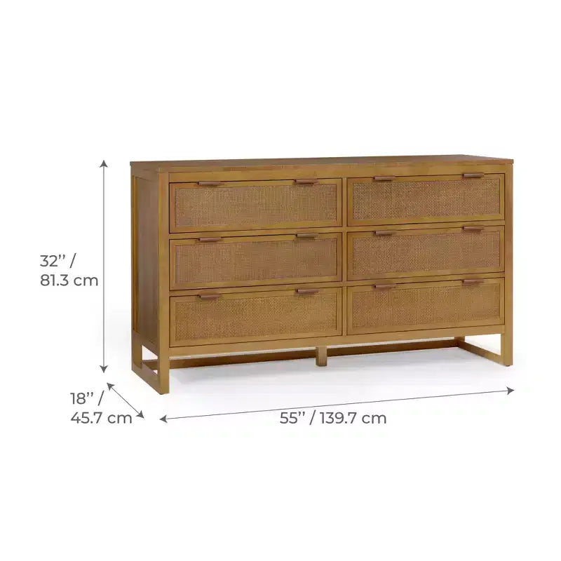 Hatteras Modern Boho 6-Drawer Dresser with Solid Wood & Natural Rattan Accents-Teamson Home