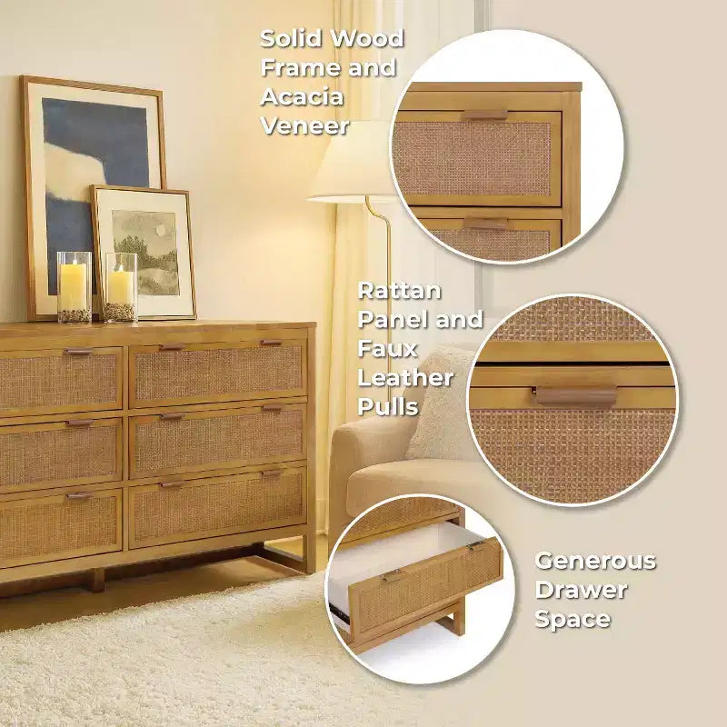 Hatteras Modern Boho 6-Drawer Dresser with Solid Wood & Natural Rattan Accents-Teamson Home