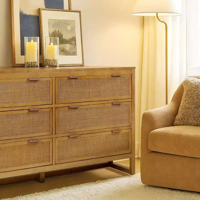 Hatteras Modern Boho 6-Drawer Dresser with Solid Wood & Natural Rattan Accents-Teamson Home