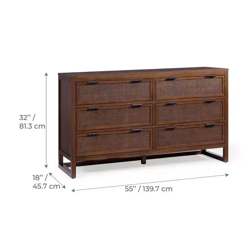 Hatteras Modern Boho 6-Drawer Dresser with Solid Wood & Natural Rattan Accents-Teamson Home