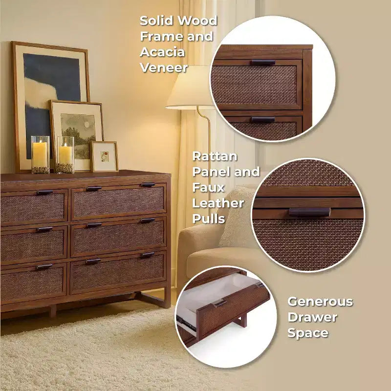 Hatteras Modern Boho 6-Drawer Dresser with Solid Wood & Natural Rattan Accents-Teamson Home