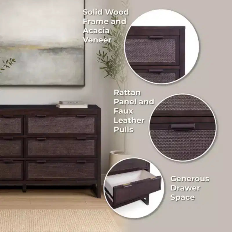Hatteras Modern Boho 6-Drawer Dresser with Solid Wood & Natural Rattan Accents-Teamson Home