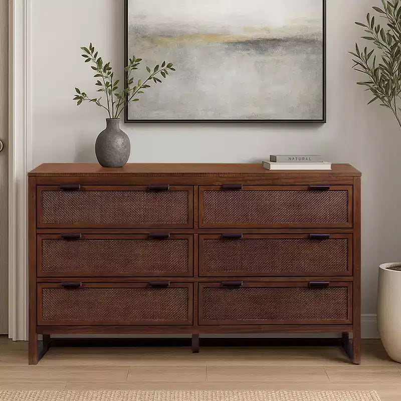 Hatteras Modern Boho 6-Drawer Dresser with Solid Wood & Natural Rattan Accents-Teamson Home