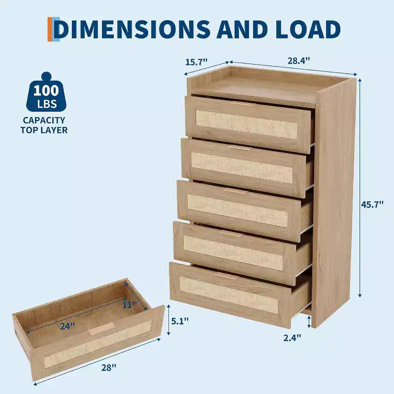 Oak Rattan 5 Drawer Dresser for Bedroom 46 High Wardrobe Bohemian Style Nightstand for Living Room Hallway Baby Room Entryway