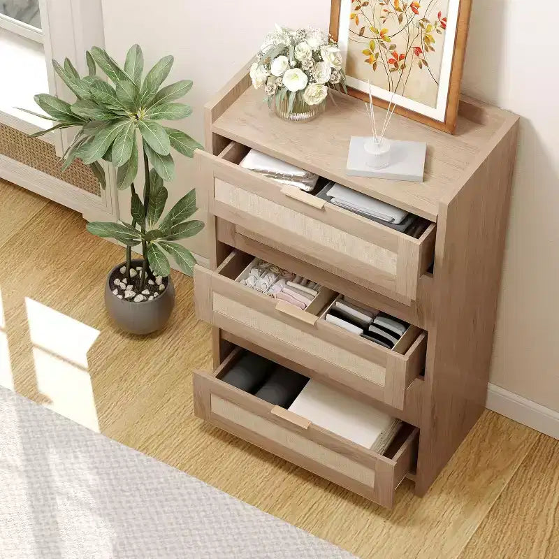 Oak Rattan 5 Drawer Dresser for Bedroom 46 High Wardrobe Bohemian Style Nightstand for Living Room Hallway Baby Room Entryway