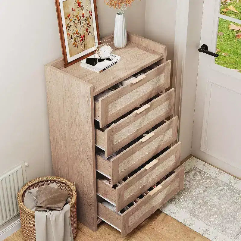 Oak Rattan 5 Drawer Dresser for Bedroom 46 High Wardrobe Bohemian Style Nightstand for Living Room Hallway Baby Room Entryway