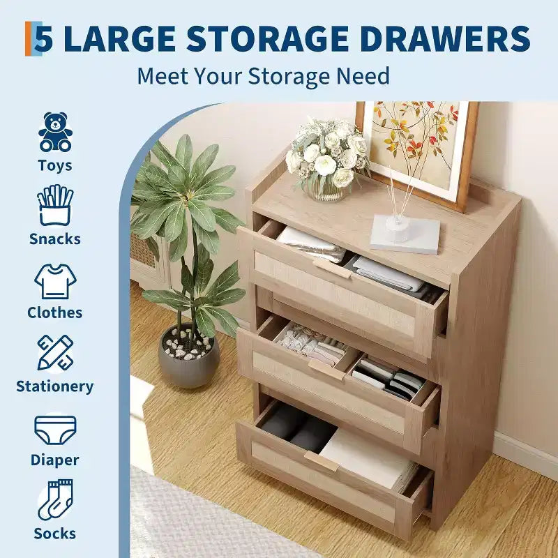 Oak Rattan 5 Drawer Dresser for Bedroom 46 High Wardrobe Bohemian Style Nightstand for Living Room Hallway Baby Room Entryway