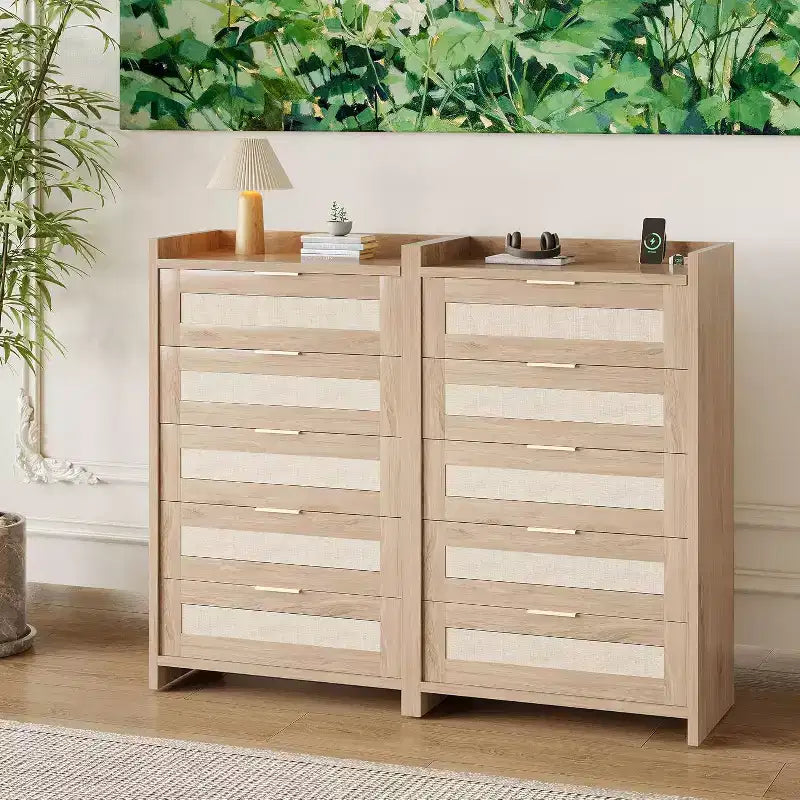 Oak Rattan 5 Drawer Dresser for Bedroom 46 High Wardrobe Bohemian Style Nightstand for Living Room Hallway Baby Room Entryway