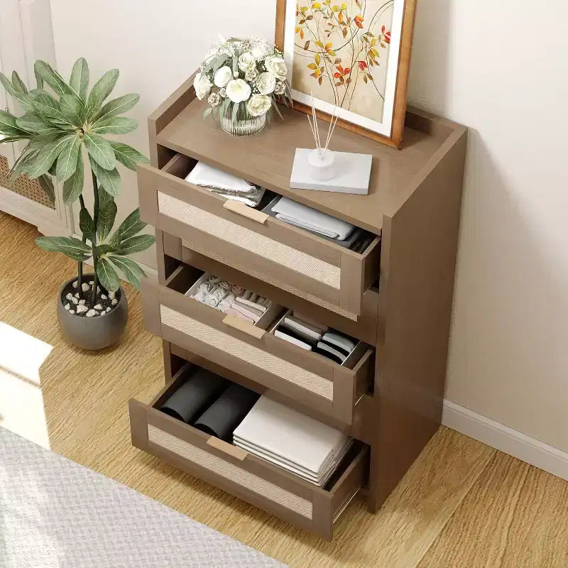 Oak Rattan 5 Drawer Dresser for Bedroom 46 High Wardrobe Bohemian Style Nightstand for Living Room Hallway Baby Room Entryway