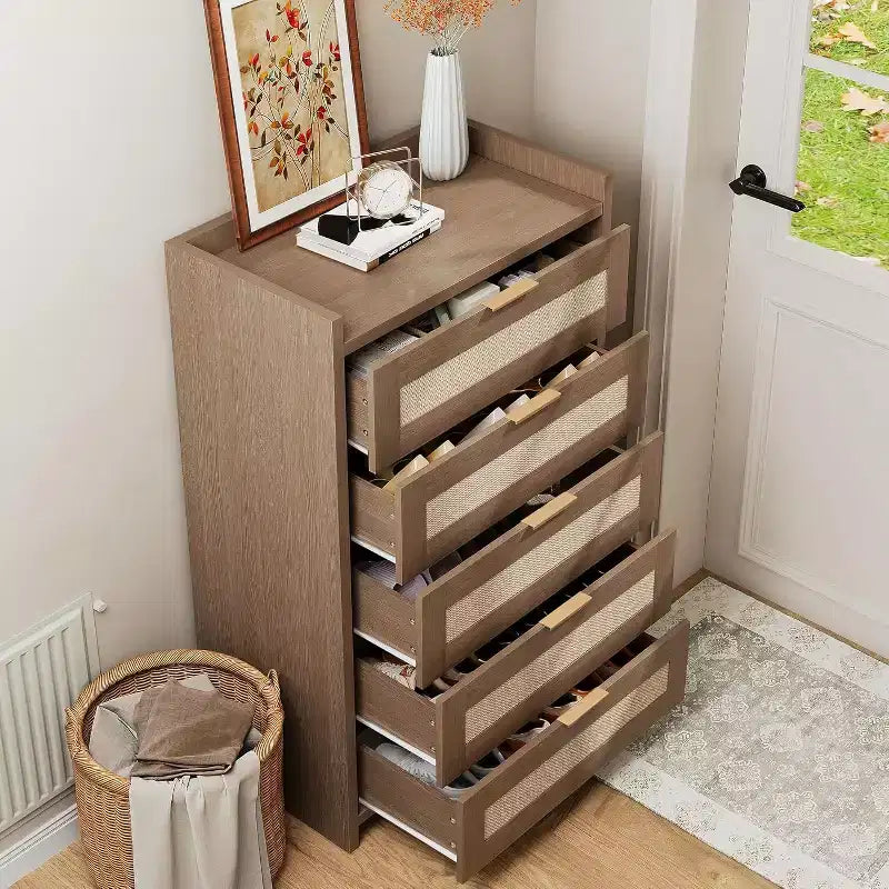 Oak Rattan 5 Drawer Dresser for Bedroom 46 High Wardrobe Bohemian Style Nightstand for Living Room Hallway Baby Room Entryway