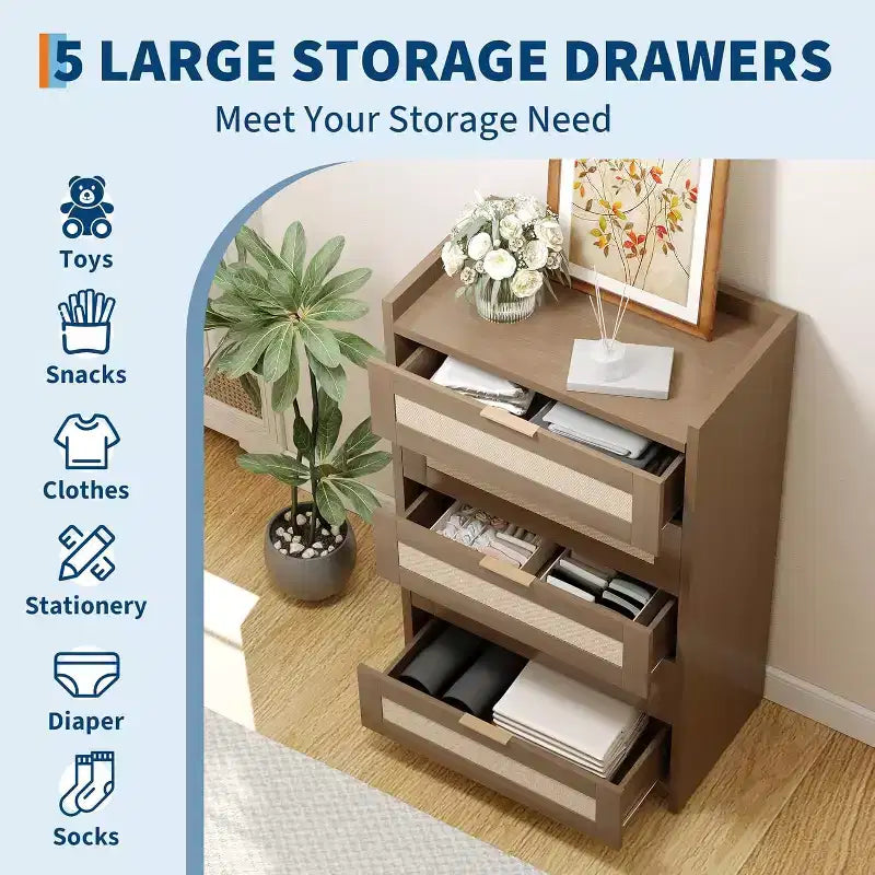 Oak Rattan 5 Drawer Dresser for Bedroom 46 High Wardrobe Bohemian Style Nightstand for Living Room Hallway Baby Room Entryway
