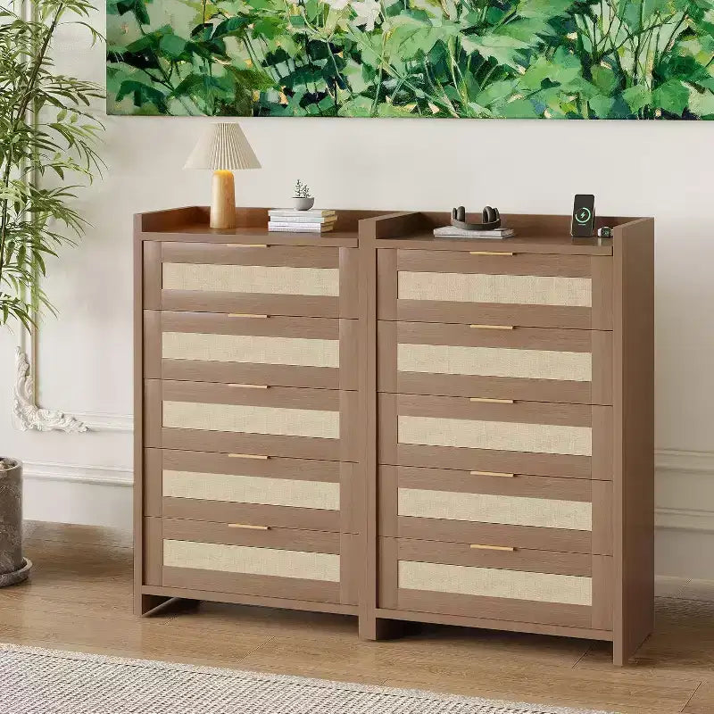 Oak Rattan 5 Drawer Dresser for Bedroom 46 High Wardrobe Bohemian Style Nightstand for Living Room Hallway Baby Room Entryway