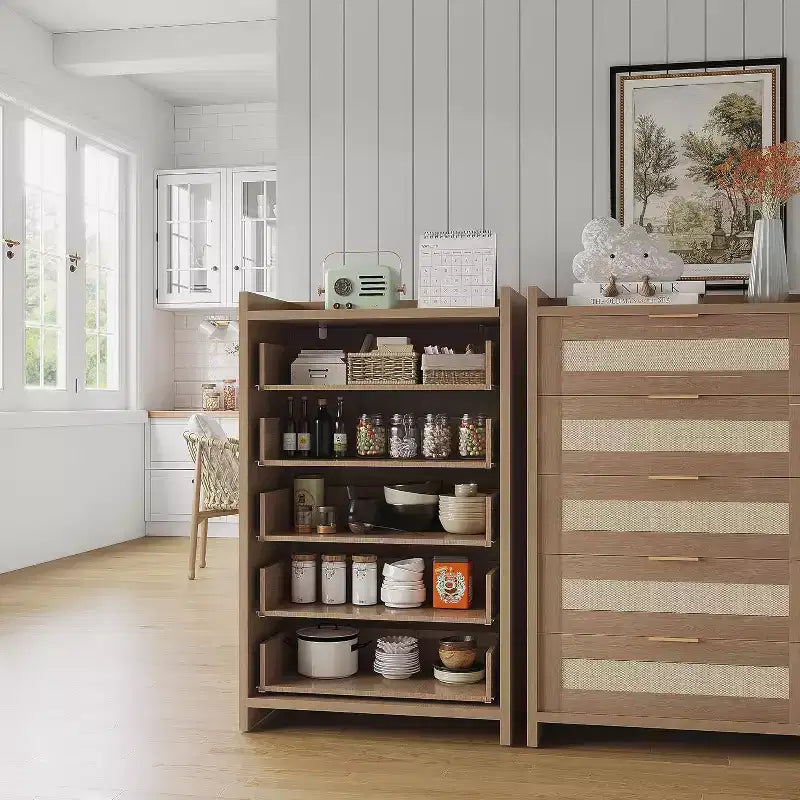 Oak Rattan 5 Drawer Dresser for Bedroom 46 High Wardrobe Bohemian Style Nightstand for Living Room Hallway Baby Room Entryway