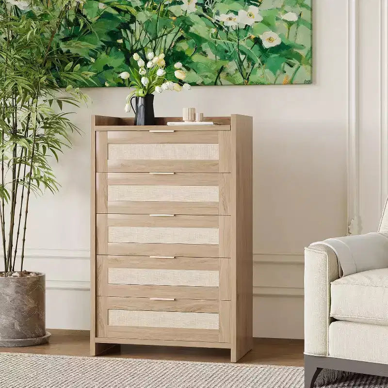 Oak Rattan 5 Drawer Dresser for Bedroom 46 High Wardrobe Bohemian Style Nightstand for Living Room Hallway Baby Room Entryway