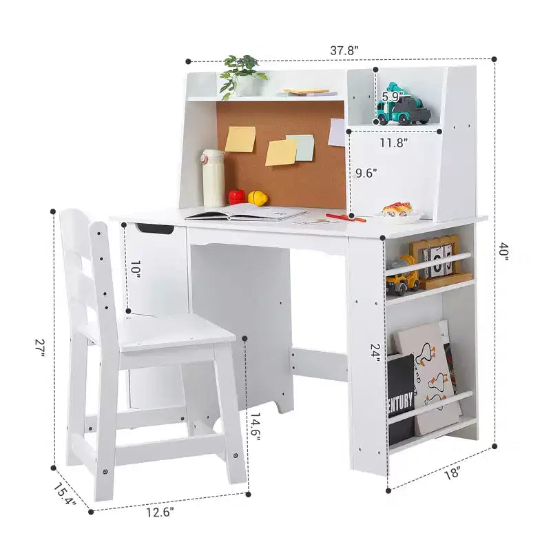 CuisinSmart Kids Desk and Chair Set, Wooden Study Table with Storage Shelf, Bulletin Board for Children 3-8