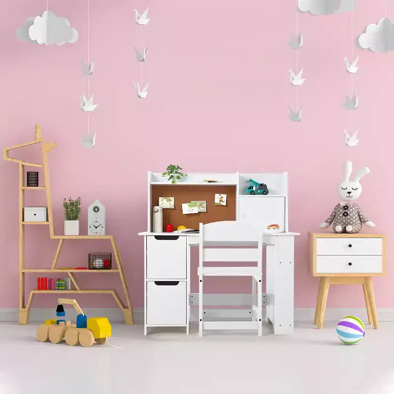 CuisinSmart Kids Desk and Chair Set, Wooden Study Table with Storage Shelf, Bulletin Board for Children 3-8