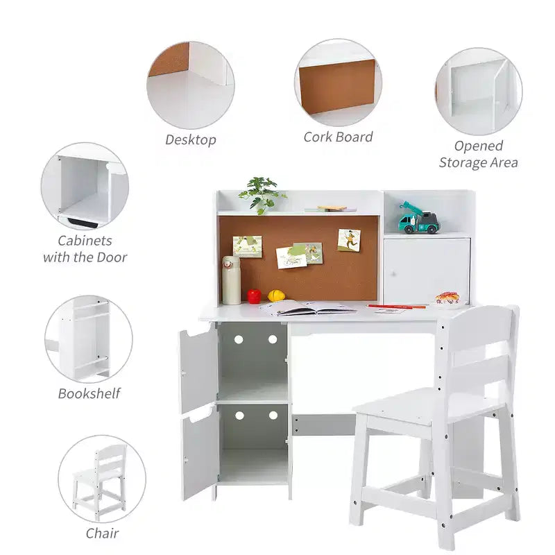 CuisinSmart Kids Desk and Chair Set, Wooden Study Table with Storage Shelf, Bulletin Board for Children 3-8